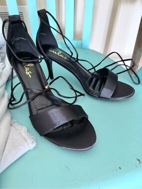 Lulu's Black Satin Strappy Stiletto Heels